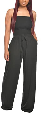 YIzdegg Tuta lunga estiva da donna, senza spalline: tuta con spalle scoperte, tuta elegante, tinta unita, per feste, matrimoni, a vita alta, pantaloni lunghi, abito da spiaggia, Nero , S
