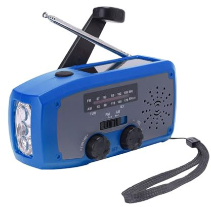 Radio solaire à manivelle - AM/FM - Portable - Avec batterie rechargeable de 2000 mAh - Port USB - Lampe de poche LED - Alarme SOS - Récepteur mondial pour camping, extérieur, urgence - Bleu