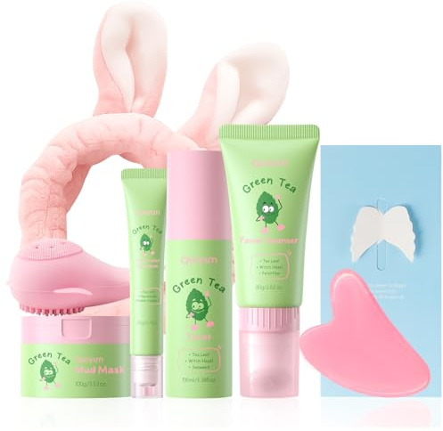 QUIYUM Grönt te hudvårdsset, 7-delat hydrating skincare set | med hamamelis och hyaluronsyra, rengöring och oljereglering för kvinnor och tonåringar, ansiktsvård reseset