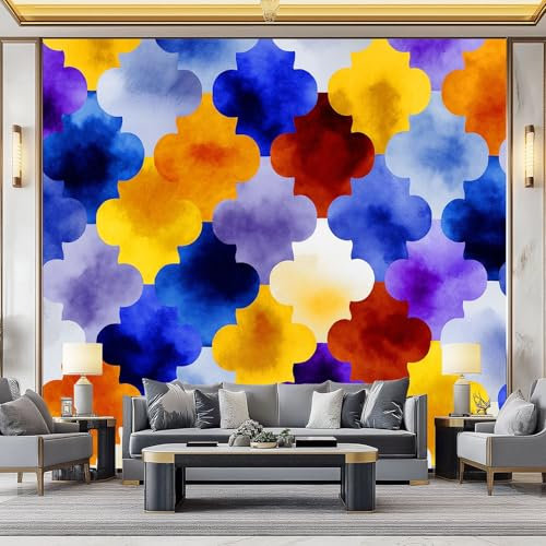 Generico Fotomurale Fotomurali 150 x 105 cm Fiori ad acquerello Effetto mosaico Stile marocchino Carta da parati Decorazione da Muro Poster Marrone per Camere da Letto, dei Bambini Carta da Parati