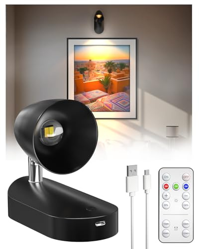 Klarlight Lampe Murale Rechargeable avec Télécommande, Lampe de Lecture Montée sur le mur, Lampe D'image Magnétique LED, 3 Couleurs, Dimmable, Projecteurs D'éclairage Mural, Noir