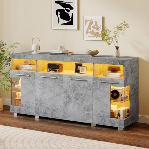 Laxnb Sideboard Küchenschrank 140x40x70 Hochglanz Seitenschrank mit LED-Licht, Mehrzweckschrank Kommode Sideboard Wohnzimmer Möbel Buffetschrank Kitchen Cabinet Wohnzimmerschrank Anrichte (Zementgrau)