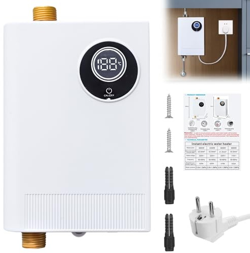 Calentador de Agua Electrico Instantaneo 220v 3800w, Mini Calentador de Agua Eléctrico con Pantalla LED de Temperatura Legible para el Hogar Cocina Baño, Calienta agua a 28-55 °C