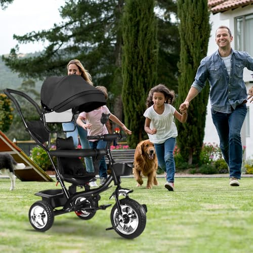 Tricycle Enfant de 9 Mois jusqu'à 25 kg, Porte-gobelet,avec Tige de Poussée Réglable en Hauteur, Siège Rotatif d'avant en Arrière, Auvent Rabattable,4 en 1 (Noir)