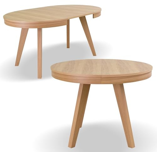 Imebel Esstisch Rund Ausziehbar 100-200 cm - Modern Runder Esszimmertisch Ausziehbar - Tisch mit einfacher Einhand-Ausziehfunktion - Tischplatte Eichenfurnier, Beine Massivholz
