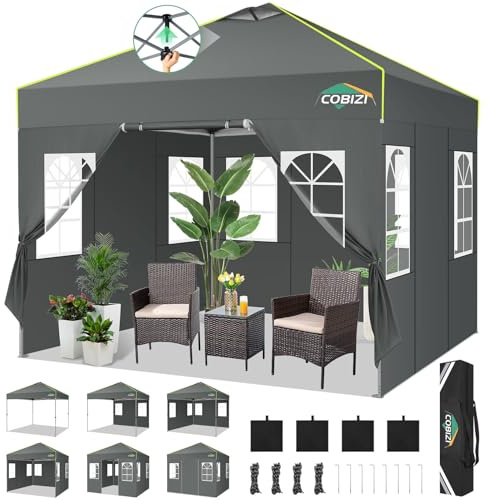 COBIZI Carpa Plegable 3x3 con Bloqueo Central de Un Solo Botón, Bandas Fluorescentes, Ventilación, 4 Paredes Laterales y 3 Alturas Ajustables para Camping y Playa, Pabellón