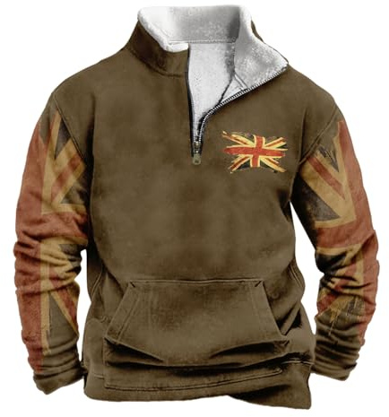 Men's Union Jack Sweatshirt, Standing Collar, Long Sleeve Zipper Sweatshirt with Pocket, Casual Outdoor