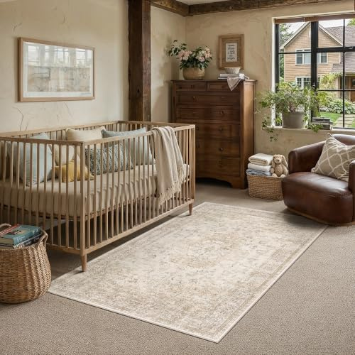 PureCozy Vintage Teppich Wohnzimmer 120x170cm Beige Schlafzimmer Wohnzimmerteppich Waschbarer Groß Carpet Weich rutschfest Teppiche Esszimmer Büro Kurzflor Tepich