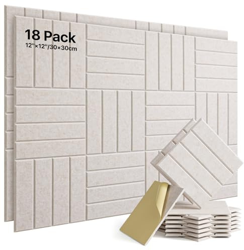 Soundsbay Akustikpaneele, Selbstklebend, Akustikplatten 18 Stück Beige | Polyester zur Schalldämmung, Schallschutz Schallabsorber für Effektive Akustikbehandlung und Stylische 30x30x0.9cm