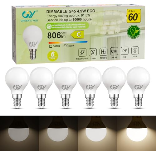 GY Ampoule Dimmable E14 LED Classe C, Blanc Neutre 4000K, 4.9W 806LM Equivalent 60W, LED G45 360 Degrés, 220-240V, Luminosité Réglable, Lot de 6