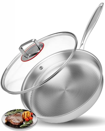Abijan Stainless Steel Frying Pan 30cm, Titanium Pan for Cooking Non Toxic, 5 Ply Stainless Steel Pan with lid, Heavy-Duty, PTFE & PFOA Free, Oven Safe, Suitable for All Hobs