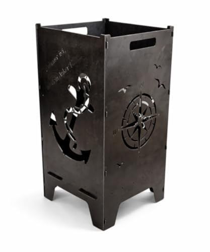 Lehnert Feuertonne Anker 74 cm aus 3 mm Stahlblech personalisiert Feuerkorb Feuerschale Feuerstelle mit Anker und Kompass, große Massive und Feuerfeste Feuerstelle für Garten und Terrasse