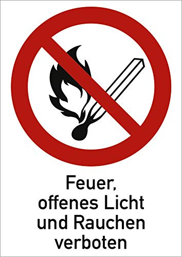 Schild Feuer, offenes Licht und Rauchen verboten gemäß ASR A1.3/ DIN 7010 Alu 185 x 131 mm (Brandgefahr, Kombischild) wetterfest