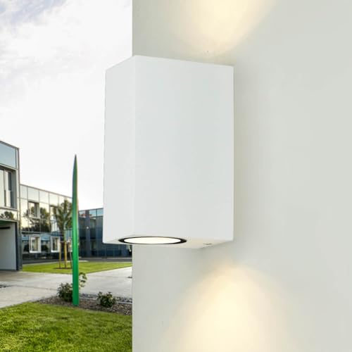 Licht-Erlebnisse Strahler Hauswand Aussen, Aussenlampe Wand, Up Down Leuchte, Weiß, Wandleuchte Aussen, Terrasse, Balkon, H:15,5 cm, IP44, wetterfest, 2-flammig, Außenbeleuchtung