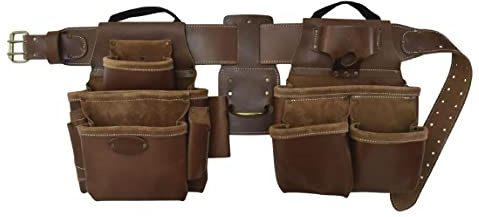 Style n Craft - 4 Piece and 17 Pockets Pro Framer’s Combo, Tool Belt with 2 Tool Pouches and 1 Hammer Holder, Full-Grain Leather Tool Belt Combo, Dark Tan (98434)