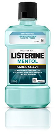 Listerine Mentol Sabor Suave (1x250 ml), enjuague bucal con flúor y 0% alcohol, colutorio encías con 24 h de protección, enjuague bucal sin alcohol para un aliento fresco