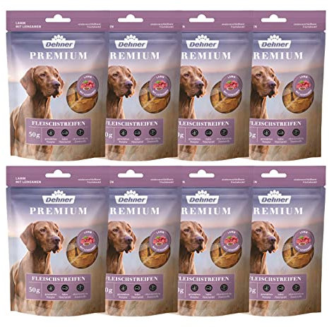 Dehner Premium Hundesnack, hochwertiges Leckerli getreidefrei, Kausnack für Hunde, Lebensmittelqualität, Lammfleischstreifen, 8 x 50 g (400 g)