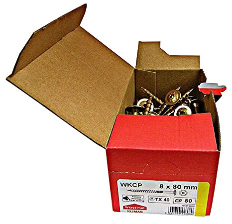 KLIMAS Holzschrauben Torx - Tellerkopfschrauben TX Gelb - Flachkopfschrauben Holz - Schrauben Set für Dachkonstruktion - 8x80 mm - 50 Stück