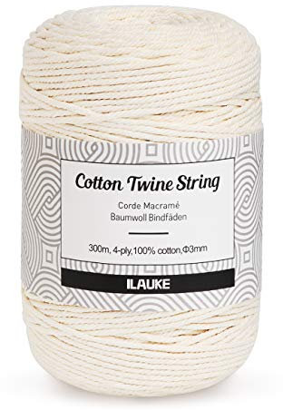 Corde Macramé 3mm x 300m Naturel Coton, ilauke 4-Ply Cordon en Coton macramé Doux Fil Macramé pour Crocheter Bricolage Décoration, DIY Suspension Murale, Suspension Plantes