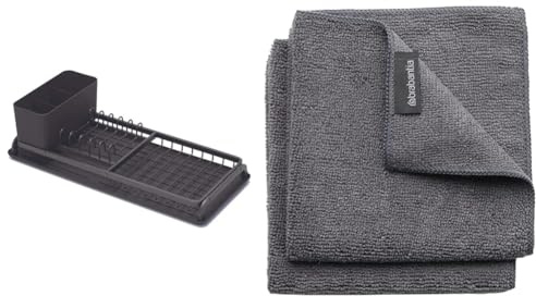 Brabantia Égouttoir à Vaisselle, bac d'égouttage, Facile à Nettoyer et Panier à Couverts Amovible & Microfiber Torchon (Lot de 2), Gris Foncé, 30 x 30 x 0,5 cm