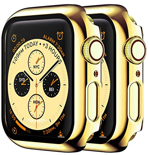 HANKN 2 Stück Schutzhülle Hülle für Apple Watch Series 9 8 7 41mm, Gold | Hartglas Plattiert Hart Bildschirmschutz Gehäuse iWatch Anti-Fingerabdruck Eingebaut Displayschutzfolie 41 mm