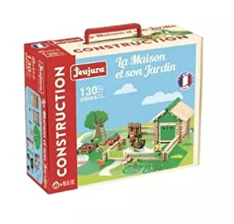 Jeujura - Maison et Son Jardin 130 Pièces - Jeu Construction 5 Ans - 8080 | Personnages et tapis de jeu inclus - Valisette de rangement - Jeu en bois enfant - Imagination - Fabriqué en France