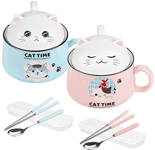 FHzytg 2 cuencos ramen con tapa, cuenco de 1020 ml con tapa, tazón de ramen, cuenco de sopa de gato, cuenco de sopa de cerámica, cuenco para pasta, gato con tapa, palillos, cucharas