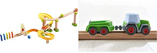 HABA 302056 - Kullerbü - Kugelbahn SIM-Sala-Kling, Holzkugelbahn mit vielen spannenden Bauelementen, Glöckchen-Tor und Klangtreppe & 305562 - Kullerbü – Traktor mit Anhänger, Kugelbahnzubehör