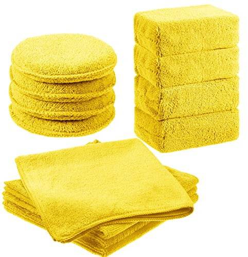 12 Pack Microfiber Applicator Pad Microfiber Sponge for Car Include Round Wax Microfiber Applicator Rectangle Car Drying Towel Exterior Auto Detailing Kit for Cleaning (Yellow)