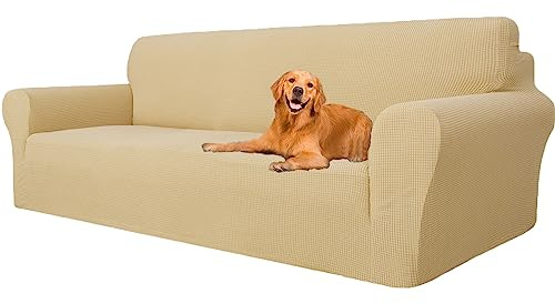 YSTELLAA High Stretch Sofa Überzug 4 Sitzer, Couch Bezug rutschfest, Universal Sofahusse Elastische, Couchüberzug Sofaschutz Katze Durable, Waschbare Sofa Covers Mit Armlehnen, Beige Gelb