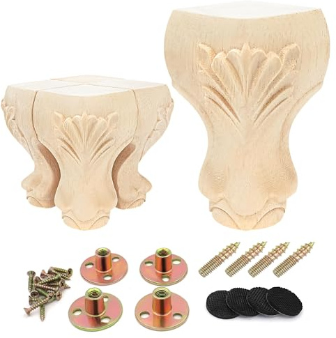 INKNOTE 4Pcs Solid Unfinished Wood Furniture Legs European Style Carving Replacement Feet for Sofa Cabinet Wardrobe Loveseat Couch Ottoman Coffee Table 4 Inch