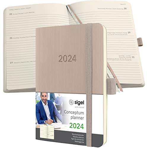 SIGEL C2431 Terminplaner Wochenkalender 2024, ca. A6, taupe, Softcover, 176 Seiten, Gummiband, Stiftschlaufe, Archivtasche, PEFC-zertifiziert, Conceptum
