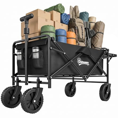 Outsunny Chariot de Transport Pliable, Chariot de Plage 4 Roues Dont 2 Roues Universelles, 140L 100 kg, Poignée Télescopique Inclinaison Réglable Plateau Pliable, pour Plage, Camping, Jardin, Noir