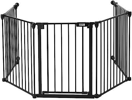 The Fellie Metal Safety Gate, Stair Gate for Dogs & Doorways, 5-Panel Foldable Dog Gate with Automatic Closing, Playpen Safety Barrier Room Divider for Pets/Child/Tree,74cm Tall, Black