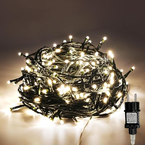 Gresonic 100/200/300/400er Led Lichterkette Strombetrieben mit Stecker Außen und Innen für Hochzeit Weihnachten Party Warmweiß (Grünen Kabel, 300LED)