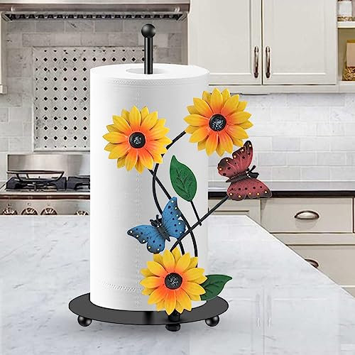 Kitchen Roll Holder Sunflower Paper Towel Holder Free Standing Black Iron Kitchen Towel Stand Non Slip Countertop Organizer(Butterfly)