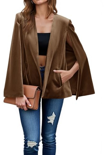 Cicy Bell Damen Samt Cape Blazer Jacken Casual Split Langarm Open Front Coat, Khaki, L