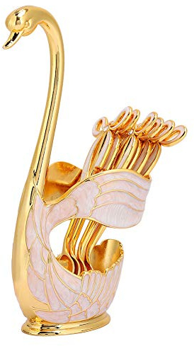 Coffee Dessert Spoon Set, 6pcs Metal Coffee Spoon Kit with Swan Base Holder Small Stirring Spoon Set Teaspoons Coffee Dessert Flatware for Cake Salad Cocktail Dessert(Gold)