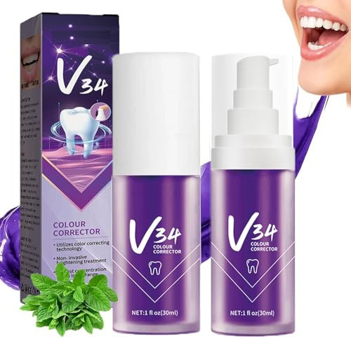 2PCS Blanqueador Dental V34 Pasta Blanqueadora Dientes,Pasta de Dientes Blanqueadora,Blanqueador dientes morado,color corrector serum dientes V34,PurpleTeeth Whitening Toothpaste (Purple)