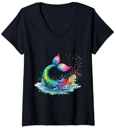 Damen Meerjungfrau Ocean Splash Regenbogen Schwanz Meer Meerjungfrauen Flosse T-Shirt mit V-Ausschnitt