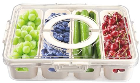 Kühlschrank Organizer mit Deckel, Aufbewahrungsbox Küche Organizer 4 Fächer Abnehmbar, Geeignet zur Aufbewahrung von Fleischprodukten, Gemüse, Obst, Durchsichtig Behälter, BPA Frei, 31×24×7CM