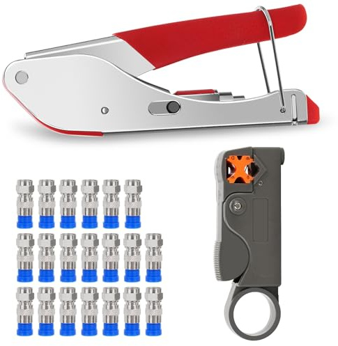 Nutmanel Koaxialkabel Crimpzange Kit, Crimpzang Koaxialkabel Set Abisolierwerkzeug, RG6/RG59/RG7/RG11 Abisolierzange Kompressionszange Set mit 20 stück Kompression F-Stecker für SAT-Kabel,Koaxialkabel