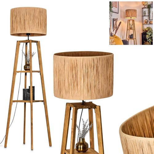 Stehleuchte Granja, Stehlampe aus Holz/Bast in Naturfarben, Leuchte im skandinavischen Design mit rundem Schirm (Ø 40 cm), Ablageflächen u. Fußschalter, Höhe 151 cm, 1 x E27, ohne Leuchtmittel