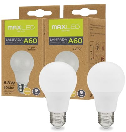 Maxled, Light is Led! Pack 2 Bombilla LED E27 A60, 8.8W Equivalentes a 65W Blanco Cálido 3000K 806 Lúmenes Casquillo E27 A60 Bombillas Led Esférica Caja Bajo Consumo 230V No Regulable