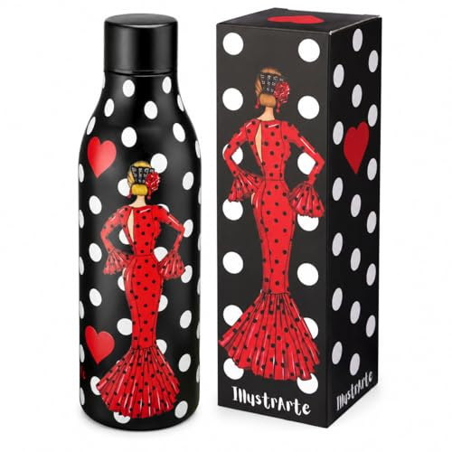 illustrArte Botella Térmica Flamenca María Rojo 500 ml sin BPA | Botella térmica flamenca 500 ml de acero inoxidable sin BPA; regalo para clase, trabajo o viaje.