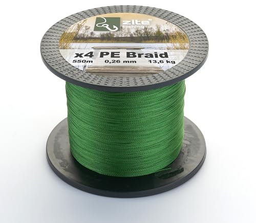 Zite Fishing Angelschnur Geflochten 4-Fach – Braided Line 4X PE 550m Spule – 0,14-0,30mm Angelsehne Geflechtschnur Grün (13,6 kg / 0,26 mm)