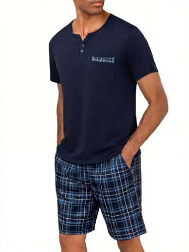 Bresdk Pigiama Uomo Estivo Cotone Corto Biancheria da Notte Pantaloncini Pigiami Corti da Pigiama in Taglie Forti Blu 3XL