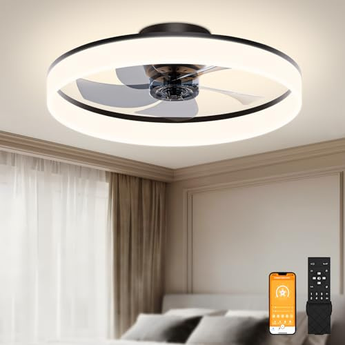 VOLISUN Ceiling Fans with Lights Remote Control, 6 Speeds and Dimmable Modern Smart Ceiling Fan Light, Quiet LED Fan Lights for Bedroom Living Room Dining Room (50cm, Black)