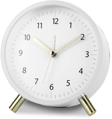 Väckarklocka analog utan tickande – metallväckarklocka med nattljus, batteridriven – modern vintage väckarklocka analog för sovrum, kontor (vit)