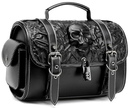 Generisch Motorrad Satteltasche PU Leder 3D Totenkopf-Design Vintage-Stil Wasserdicht mit Werkzeugrolle Universal Lenkertasche Roll Satteltaschen mit Schloss